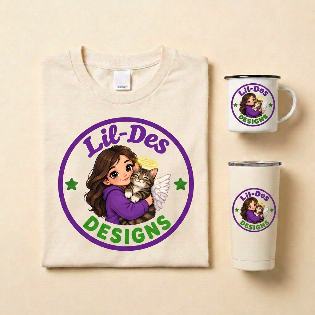 Custom printed tee, tumbler and enamel mug flat lay